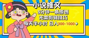 小说推文6.0，简单无脑，3分钟一个原创作品，每天半小时，日入300-1000...-海旭网创