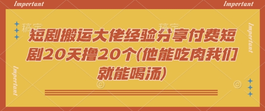 短剧搬运大佬经验分享付费短剧20天撸20个(他能吃肉我们就能喝汤)-海旭网创