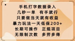 手机打字数据录入，几秒一单，有手就行，只要做当天就有收益，暴力玩法一天低保2张-海旭网创