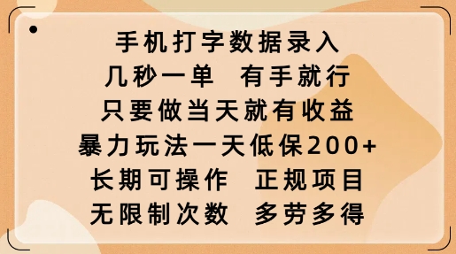 手机打字数据录入，几秒一单，有手就行，只要做当天就有收益，暴力玩法一天低保2张-海旭网创