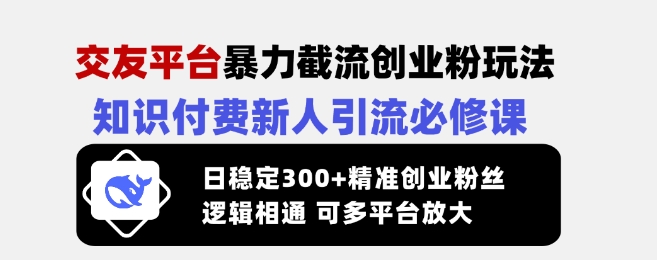 交友平台暴力截流创业粉玩法，知识付费新人引流必修课，日稳定300+精准创业粉丝，逻辑相通可多平台放大-海旭网创