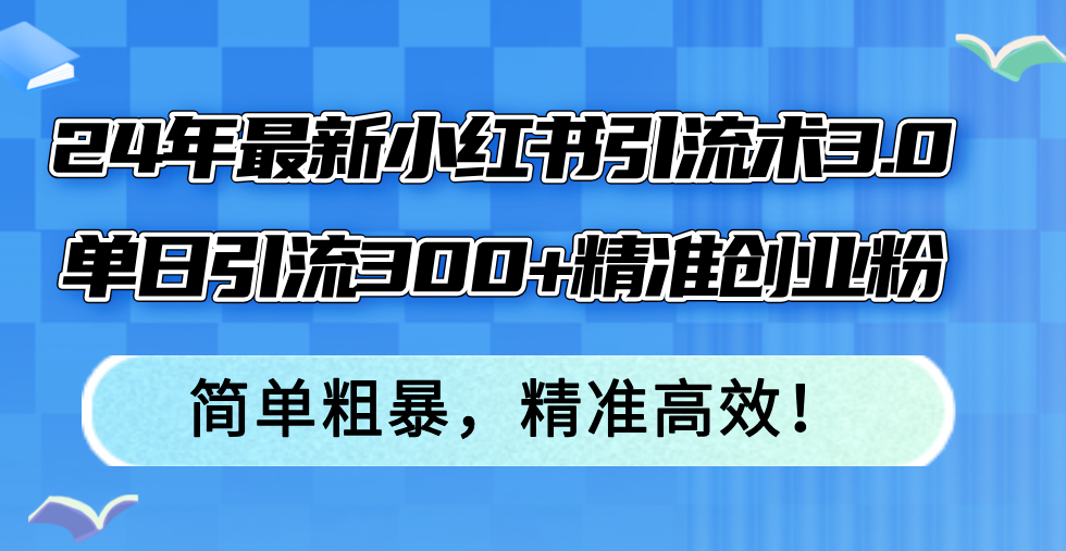 24年最新小红书引流术3.0，单日引流300+精准创业粉，简单粗暴，精准高效！-海旭网创