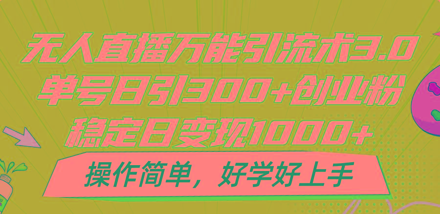 无人直播万能引流术3.0，单号日引300+创业粉，稳定日变现1000+，操作简单-海旭网创