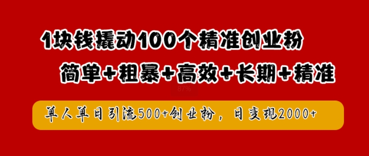 1块钱撬动100个精准创业粉，简单粗暴高效长期精准，单人单日引流500+创业粉，日变现2k【揭秘】-海旭网创