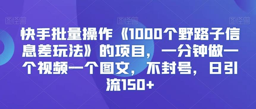 快手批量操作《1000个野路子信息差玩法》的项目，一分钟做一个视频一个图文，不封号，日引流150+【揭秘】-海旭网创