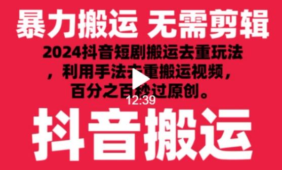 2024最新抖音搬运技术，抖音短剧视频去重，手法搬运，利用工具去重，达到秒过原创的效果【揭秘】-海旭网创
