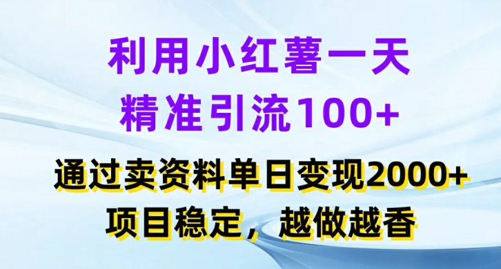利用小红书一天精准引流100+，通过卖项目单日变现2k+，项目稳定，越做越香【揭秘】-海旭网创