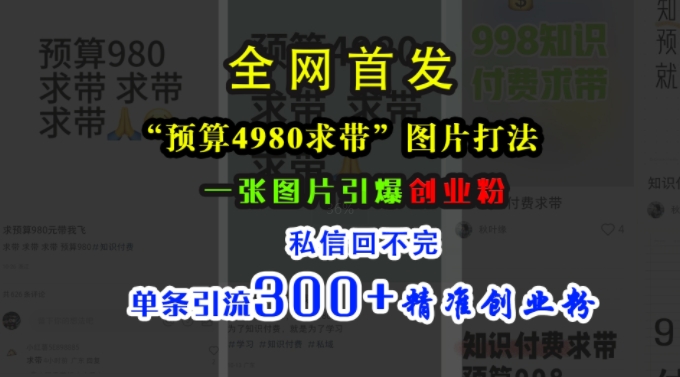 小红书“预算4980带我飞”图片打法，一张图片引爆创业粉，私信回不完，单条引流300+精准创业粉-海旭网创