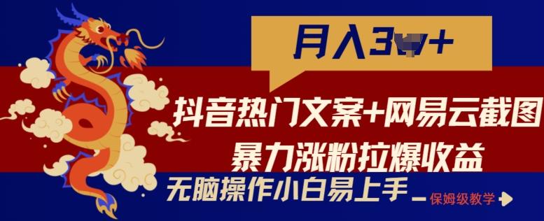 抖音热门文案+网易云截图暴力涨粉拉爆收益玩法，小白无脑操作，简单易上手【揭秘】-海旭网创