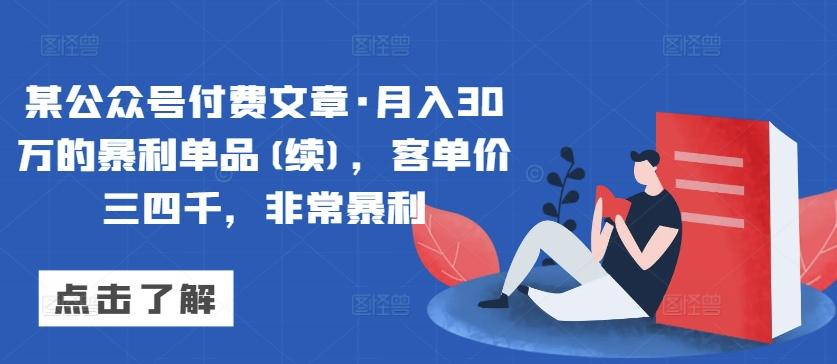 某公众号付费文章·月入30万的暴利单品(续)，客单价三四千，非常暴利-海旭网创